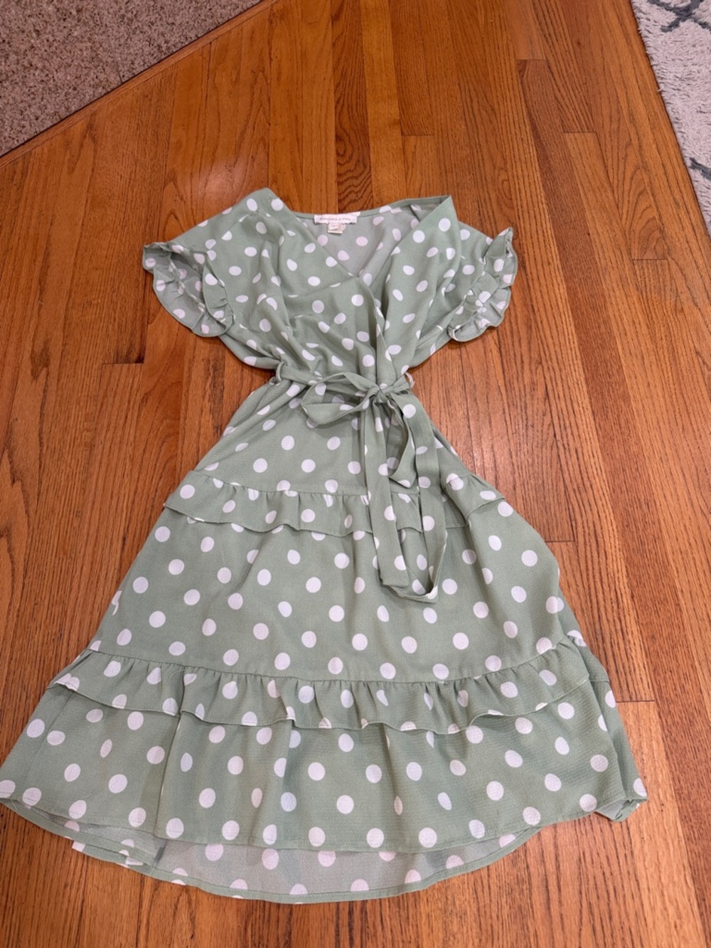 Monteau Sage Green and White Polka Dot Tie-Waist Dress
